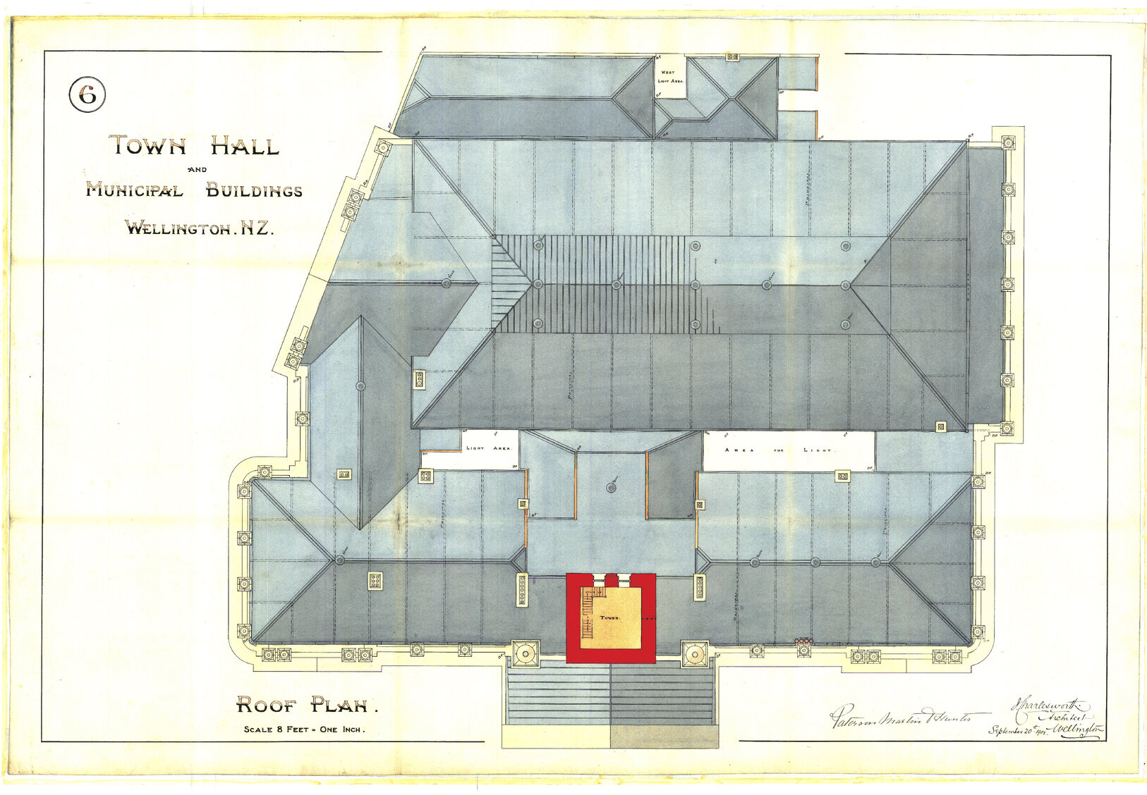 101-109 Wakefield Street, Wellington Town Hall and Municipal Building, roof plan, sheet 6, 20 Sep 1901