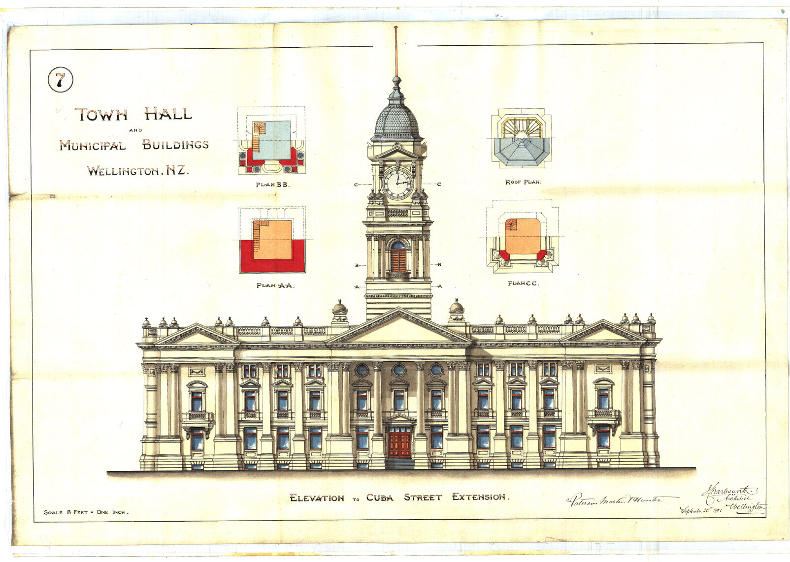 101-109 Wakefield Street, Wellington Town Hall and Municipal Building, elevation to Cuba Street, tower section, sheet 7, 20 Sep 1901