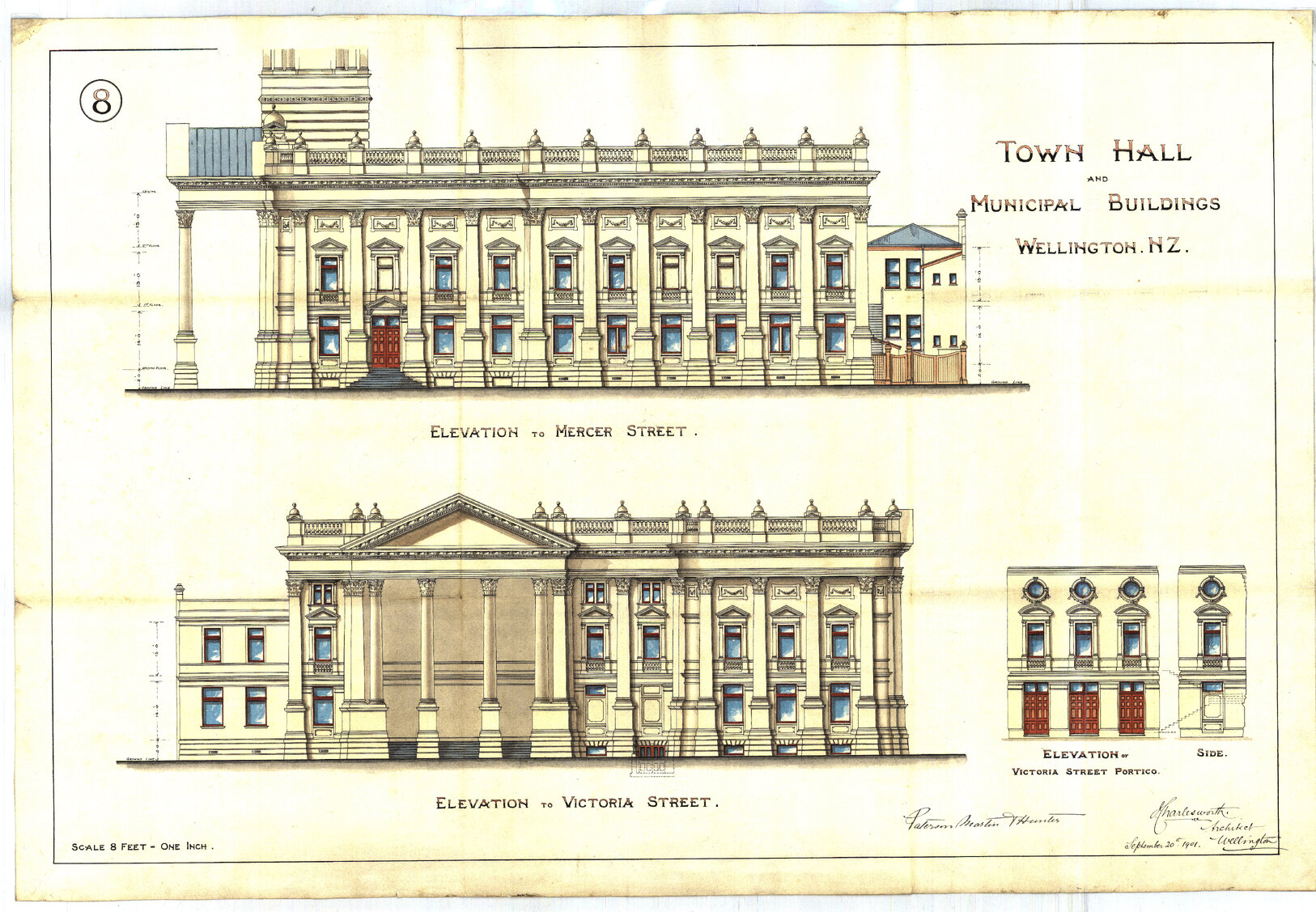 101-109 Wakefield Street, Wellington Town Hall and Municipal Building, elevations to Mercer and Victoria Streets, elevation of Victoria Street Portico, sheet 8, 20 Sep 1901