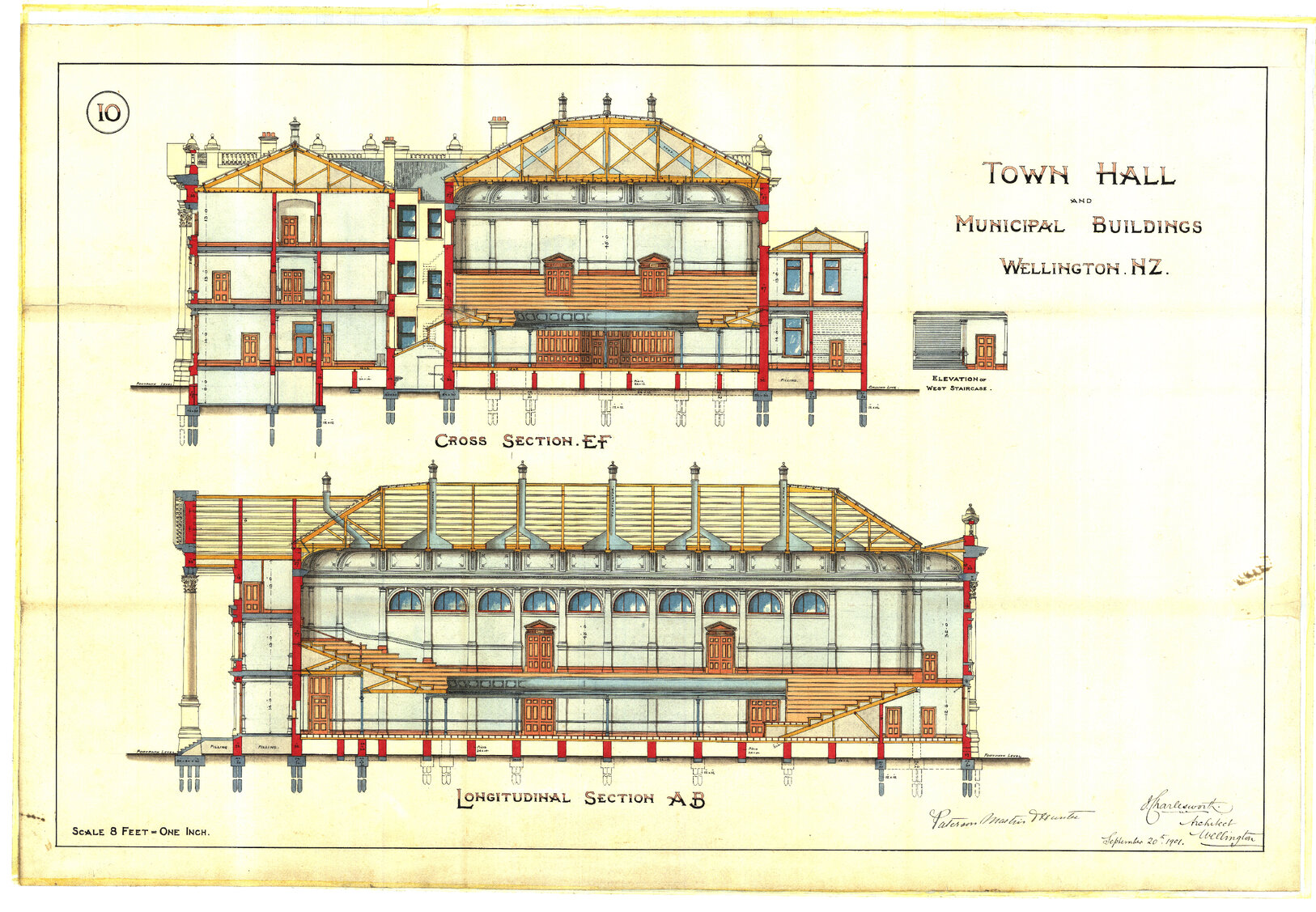 101-109 Wakefield Street, Wellington Town Hall and Municipal Building, cross section, longitudinal section, sheet 10, 20 Sep 1901