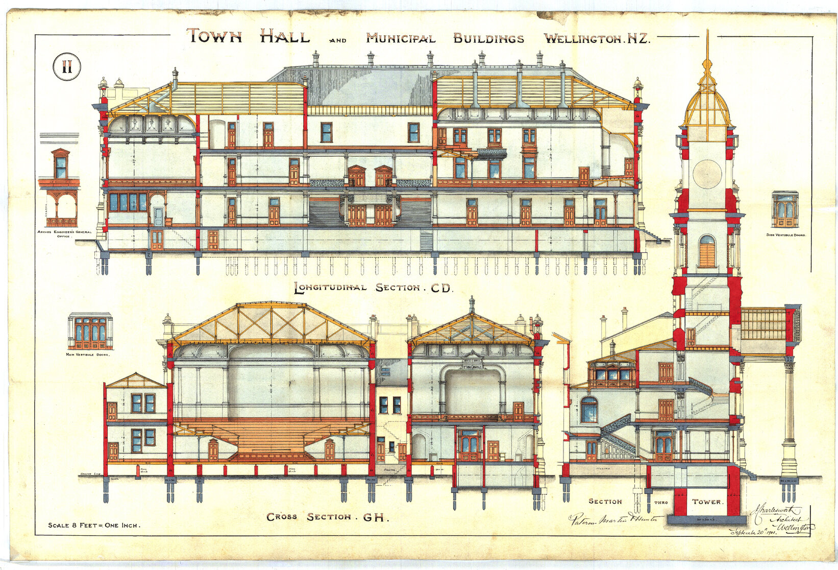 101-109 Wakefield Street, Wellington Town Hall and Municipal Building, cross sections, section through tower, sheet 11, 20 Sep 1901
