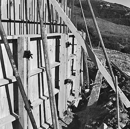 b. View of construction site, uprights have been installed