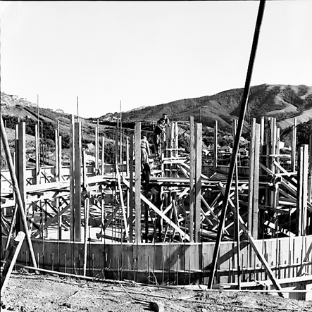 c. View of construction site, uprights have been installed