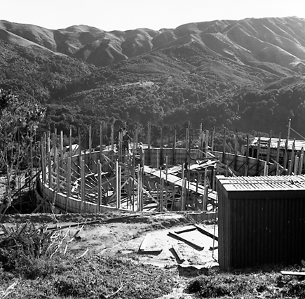 d. View of construction site, uprights have been installed