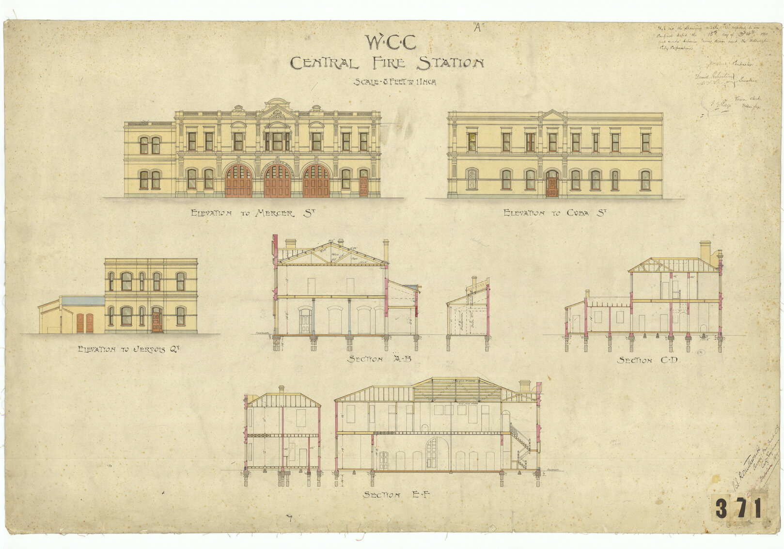 Central Fire Station, corner of Cuba Street, Mercer Street and Jervois Quay, sheet A, elevations and sections