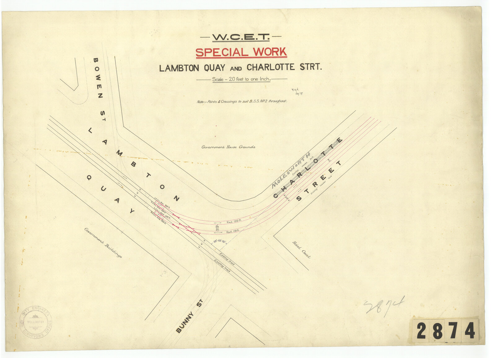 Wellington City Electric Tramways, special work,  corner Lambton Quay and Molesworth Street
