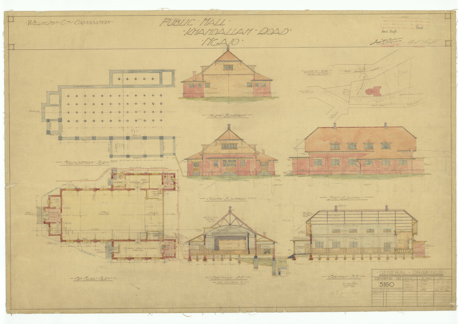 Public hall, Khandallah Road [1 Ottawa Road], Ngaio, locality plan, floor plans, sections, elevations