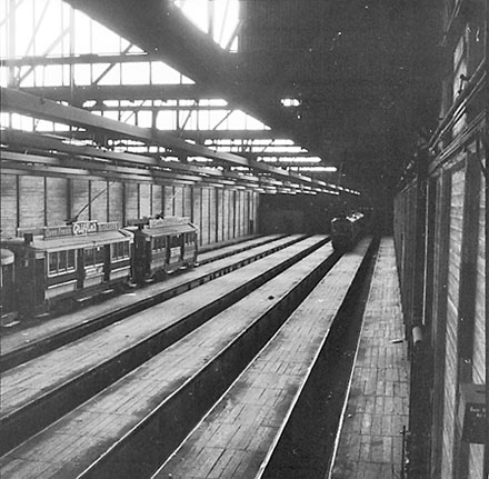a. Interior of Tram Barns, parked tramcars, tramlines