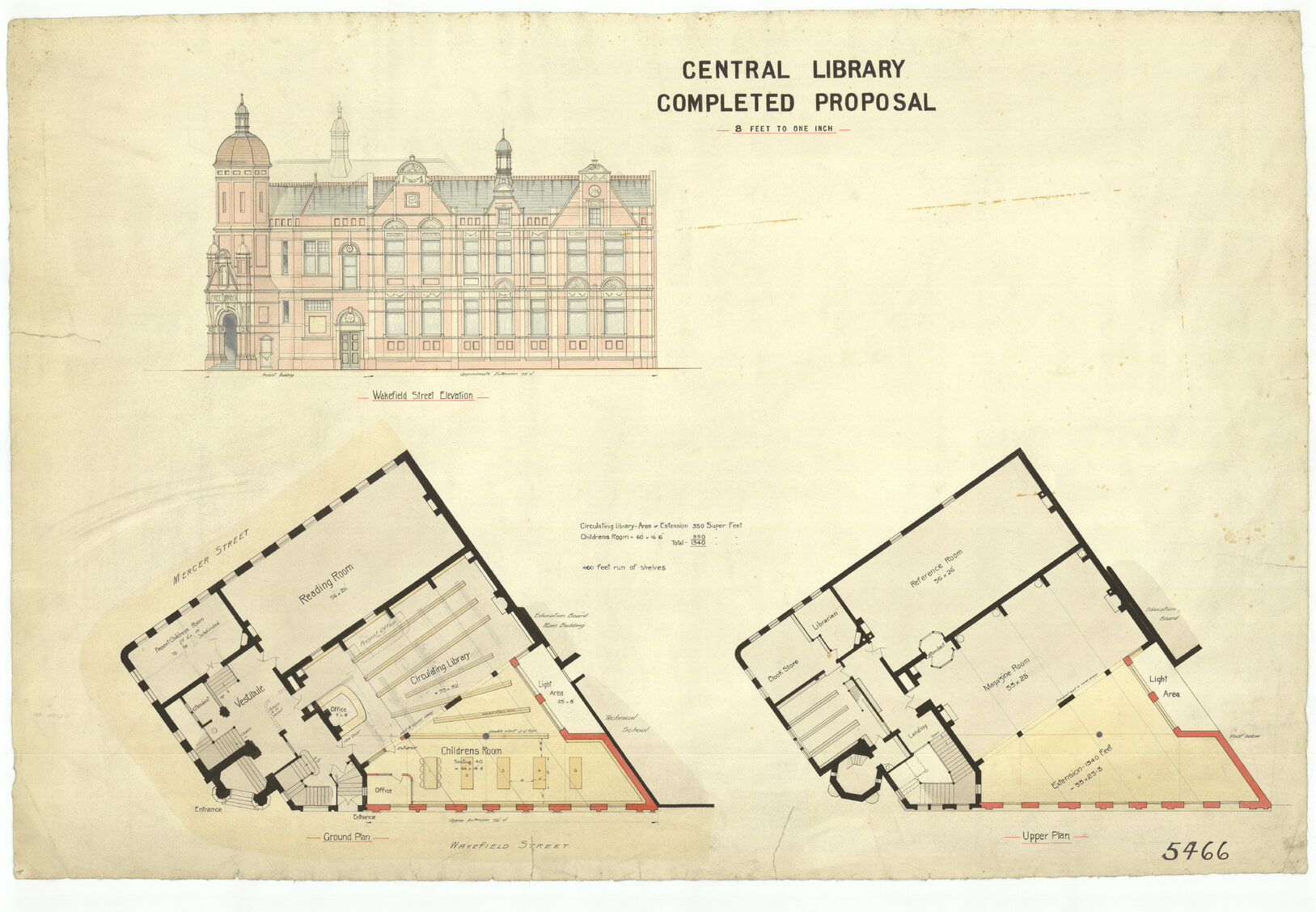 Proposed completion of Central Library, Wakefield Street elevation and floor plans