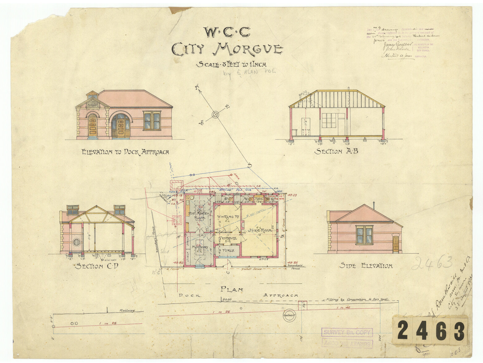 City Morgue, sheet 1, floor plan, elevations and sections