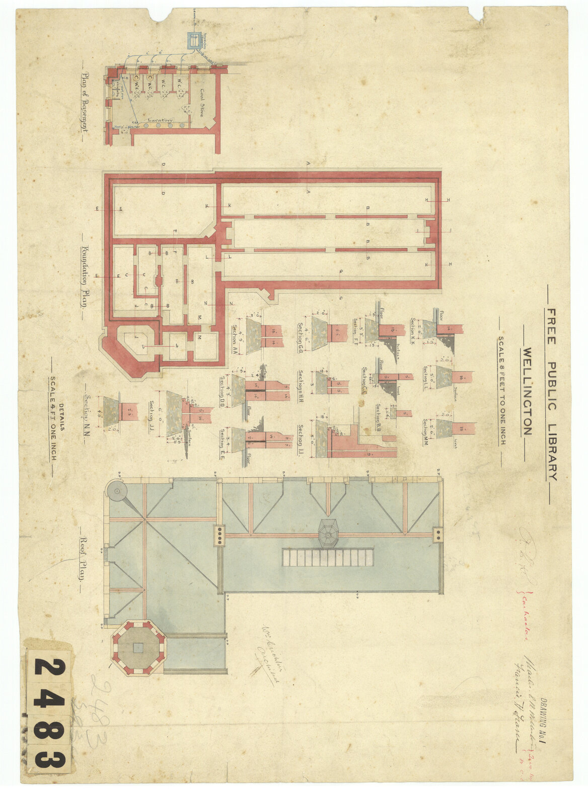 Free Public Library, Wellington, Sheet 1: basement, foundation and roof plans and details