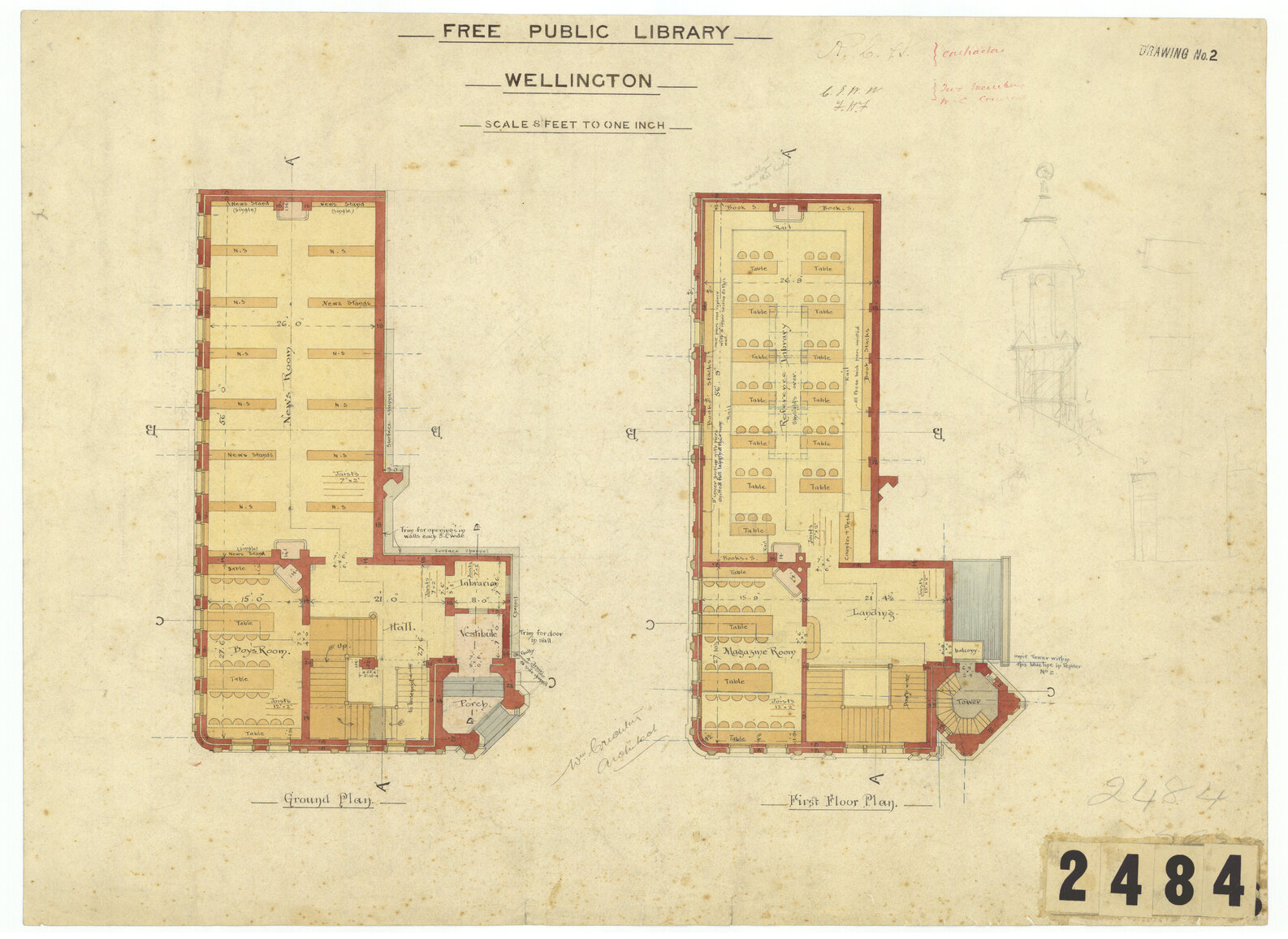 Free Public Library, Wellington, Sheet 2: ground and first floor plans