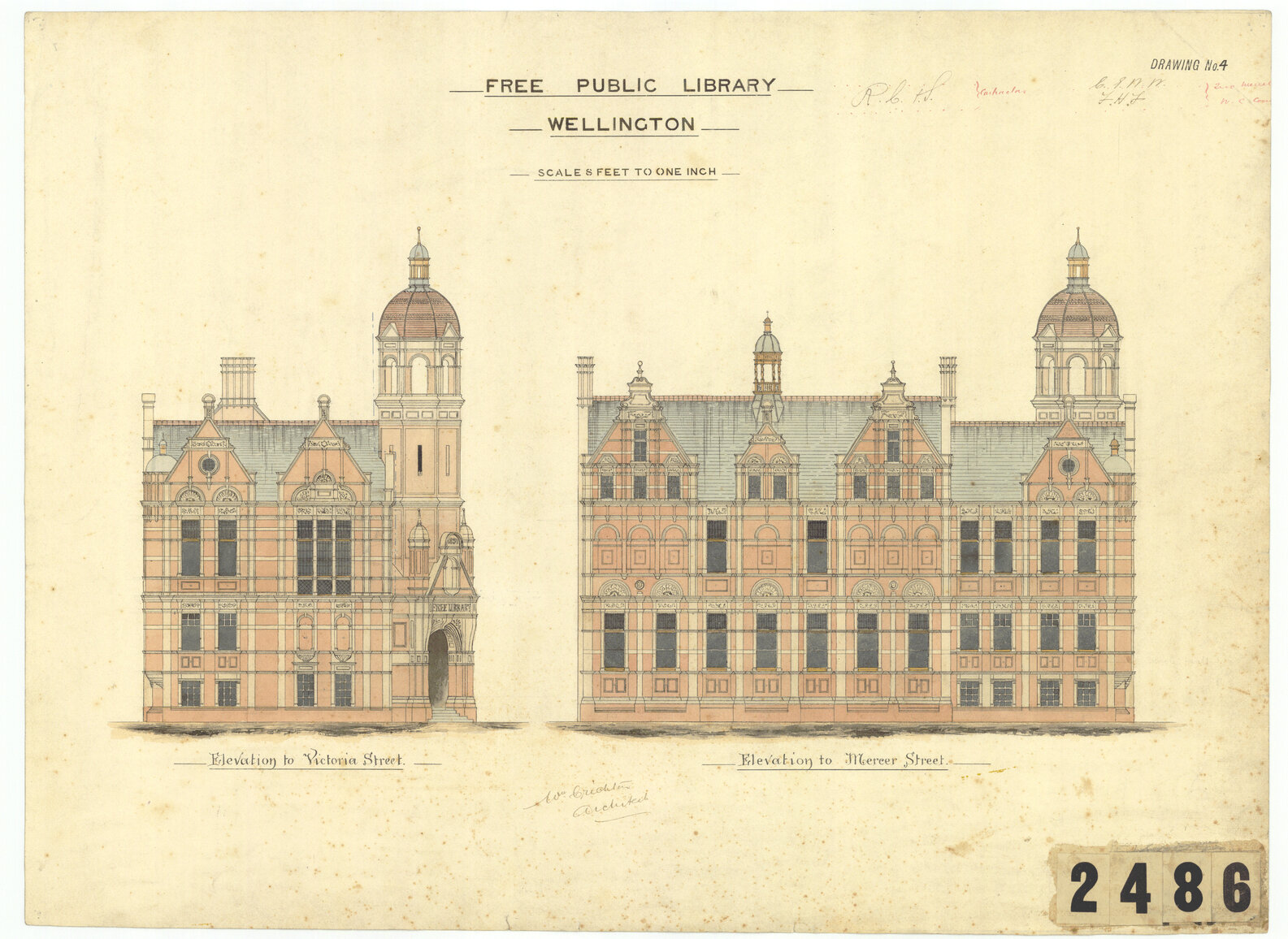 Free Public Library, Wellington, Sheet 4: elevations to Wakefield and Mercer Streets