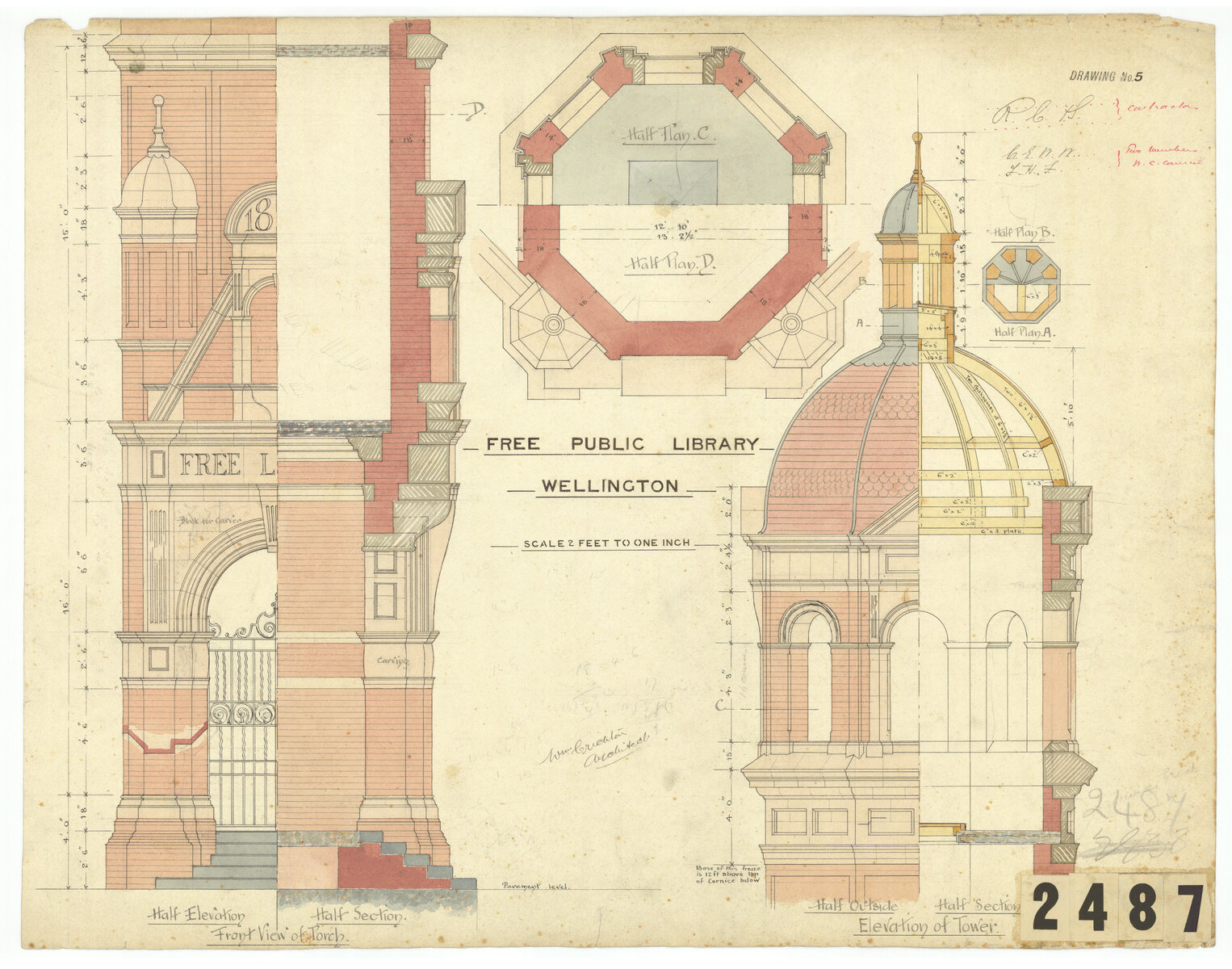 Free Public Library, Wellington, Sheet 5: tower elevation and sections, porch details