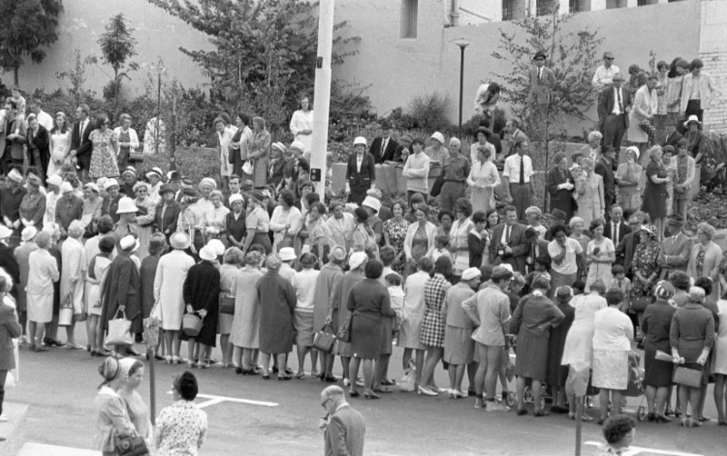 a. Civic Square, Princess Anne and royal party walking around, accompanied by Mayor, Town Clerk and their wives