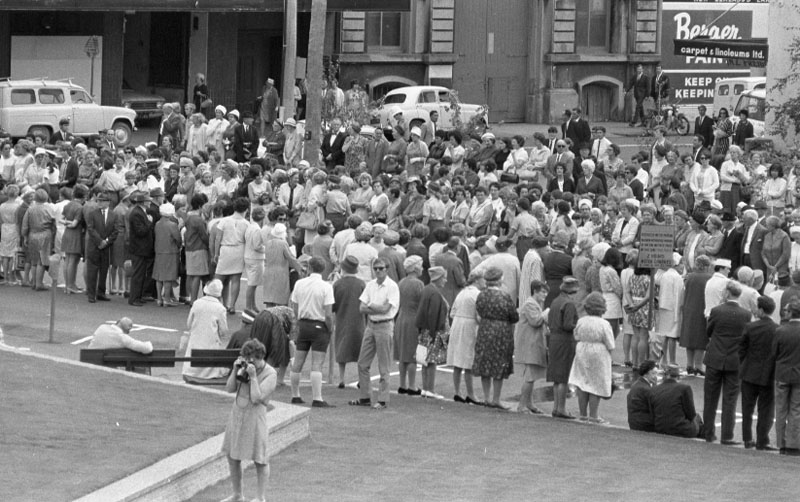 b. Civic Square, Princess Anne and royal party walking around, accompanied by Mayor, Town Clerk and their wives