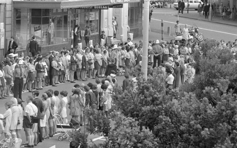 e. Civic Square, Princess Anne and royal party walking around, accompanied by Mayor, Town Clerk and their wives