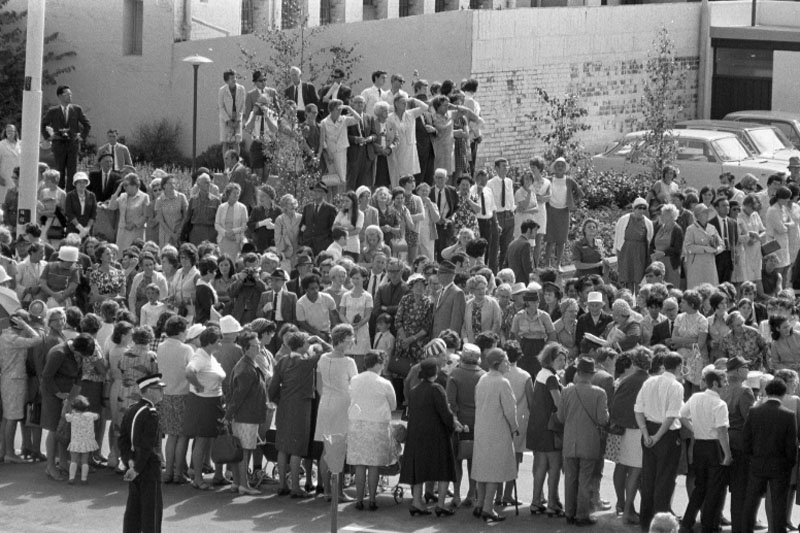 f. Civic Square, Princess Anne and royal party walking around, accompanied by Mayor, Town Clerk and their wives