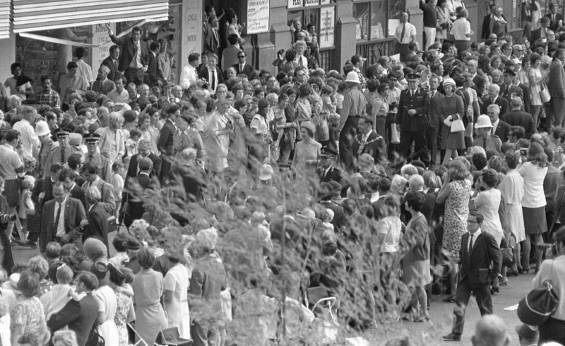 g. Civic Square, Princess Anne and royal party walking around, accompanied by Mayor, Town Clerk and their wives