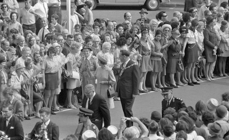 i. Civic Square, Princess Anne and royal party walking around, accompanied by Mayor, Town Clerk and their wives