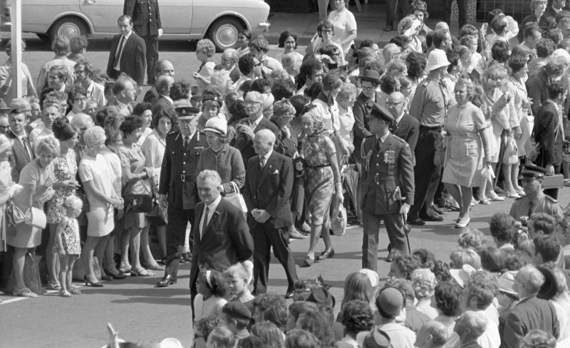j. Civic Square, Princess Anne and royal party walking around, accompanied by Mayor, Town Clerk and their wives