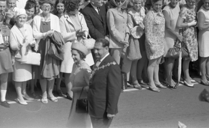 k. Civic Square, Princess Anne and royal party walking around, accompanied by Mayor, Town Clerk and their wives
