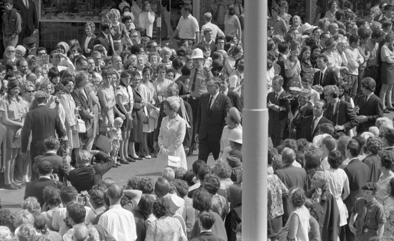 l. Civic Square, Princess Anne and royal party walking around, accompanied by Mayor, Town Clerk and their wives