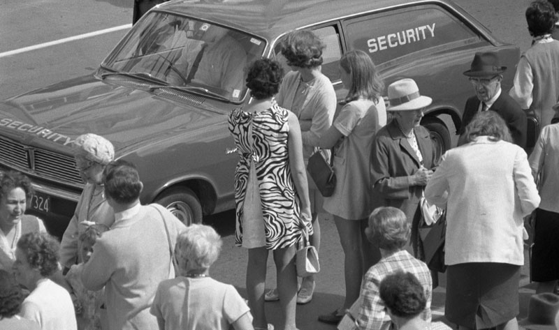 m. Civic Square, Princess Anne and royal party walking around, accompanied by Mayor, Town Clerk and their wives