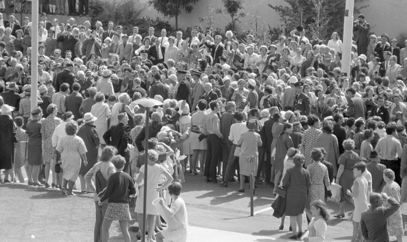 p. Civic Square, Princess Anne and royal party walking around, accompanied by Mayor, Town Clerk and their wives