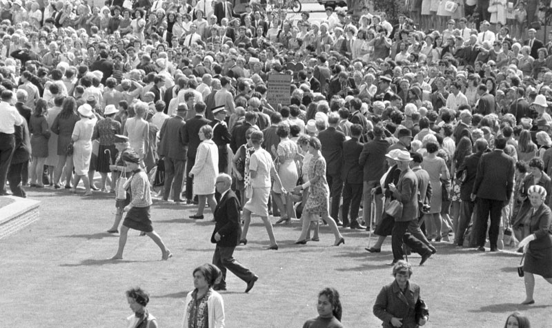 q. Civic Square, Princess Anne and royal party walking around, accompanied by Mayor, Town Clerk and their wives