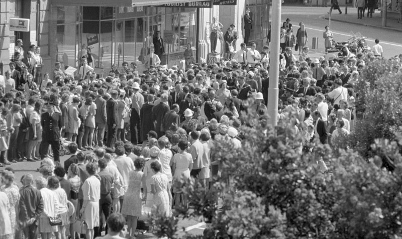 r. Civic Square, Princess Anne and royal party walking around, accompanied by Mayor, Town Clerk and their wives