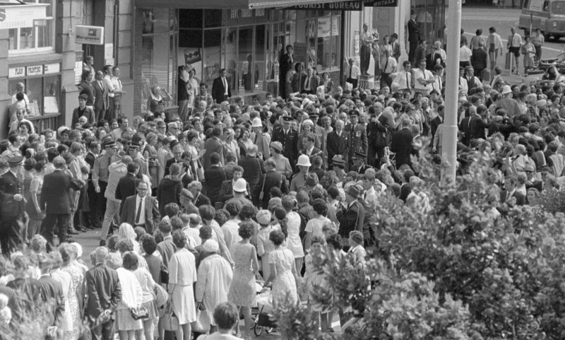 s. Civic Square, Princess Anne and royal party walking around, accompanied by Mayor, Town Clerk and their wives