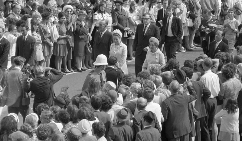 t. Civic Square, Princess Anne and royal party walking around, accompanied by Mayor, Town Clerk and their wives