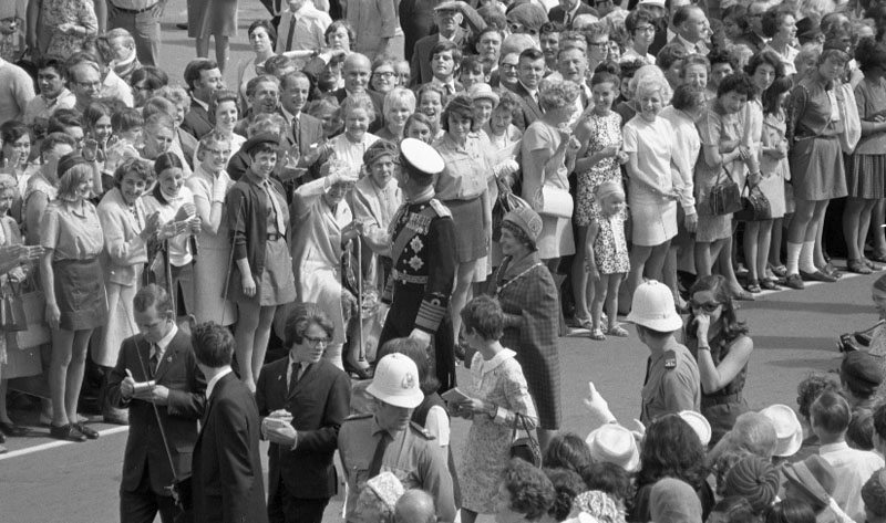 v. Civic Square, Princess Anne and royal party walking around, accompanied by Mayor, Town Clerk and their wives
