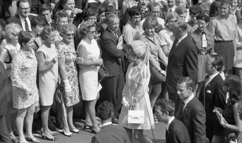 w. Civic Square, Princess Anne and royal party walking around, accompanied by Mayor, Town Clerk and their wives