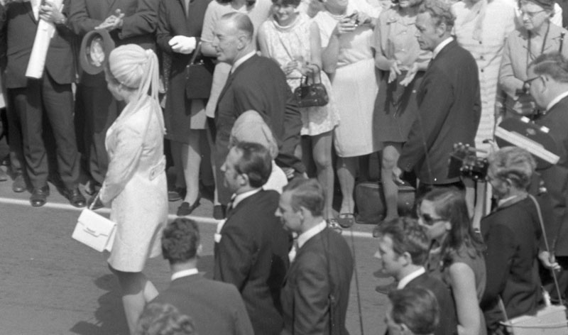 y. Civic Square, Princess Anne and royal party walking around, accompanied by Mayor, Town Clerk and their wives