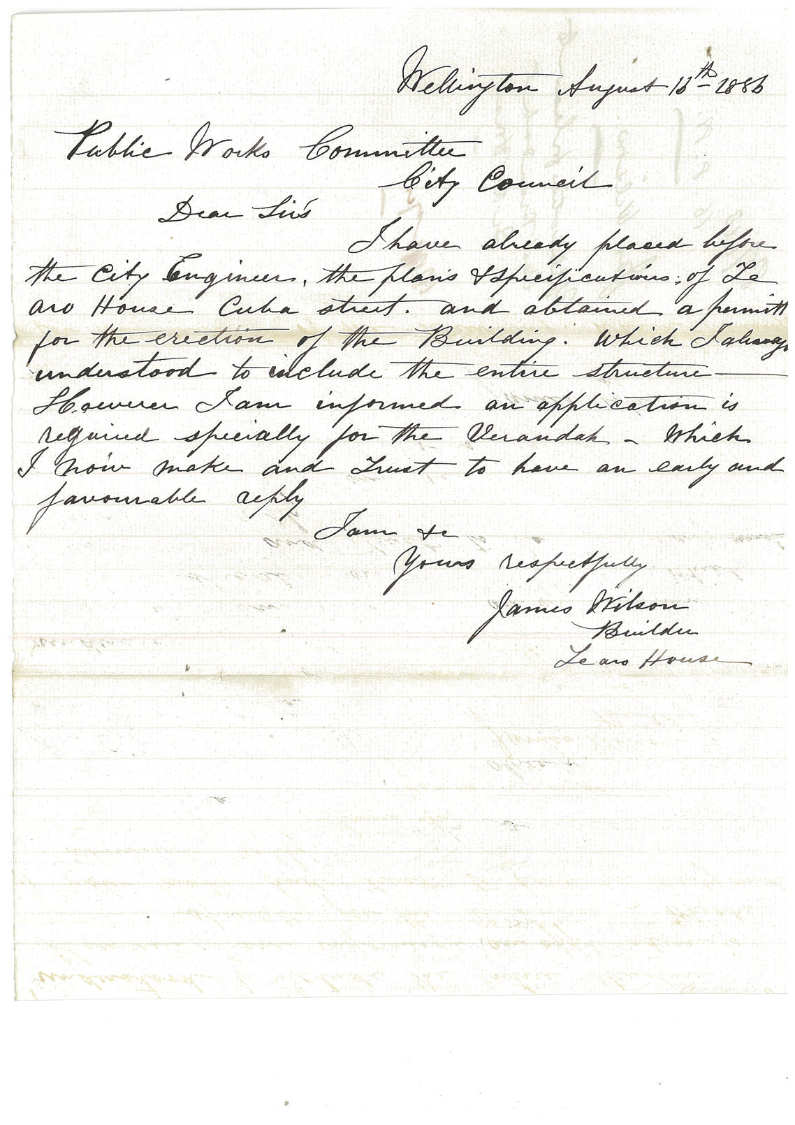 Application for leave to erect verandah at Te Aro House - James Wilson, builder