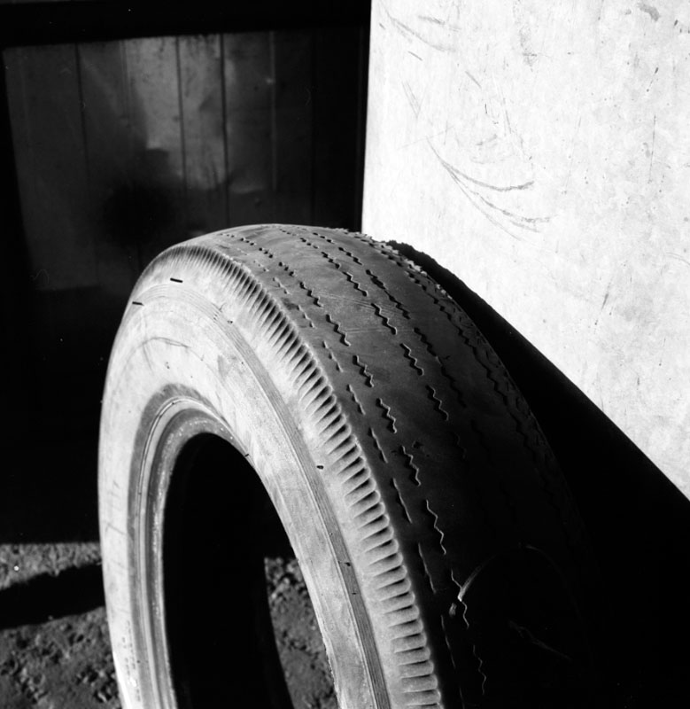 d. Showing tread on tyre used in aquaplaning test on prepared section of Hutt Road