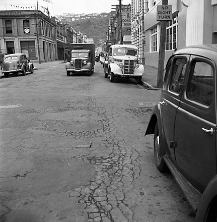 f. Views of streetscape, road surface, road works, machinery, motor vehicles, people, street signs, commercial buildings, Foresters Arms Hotel