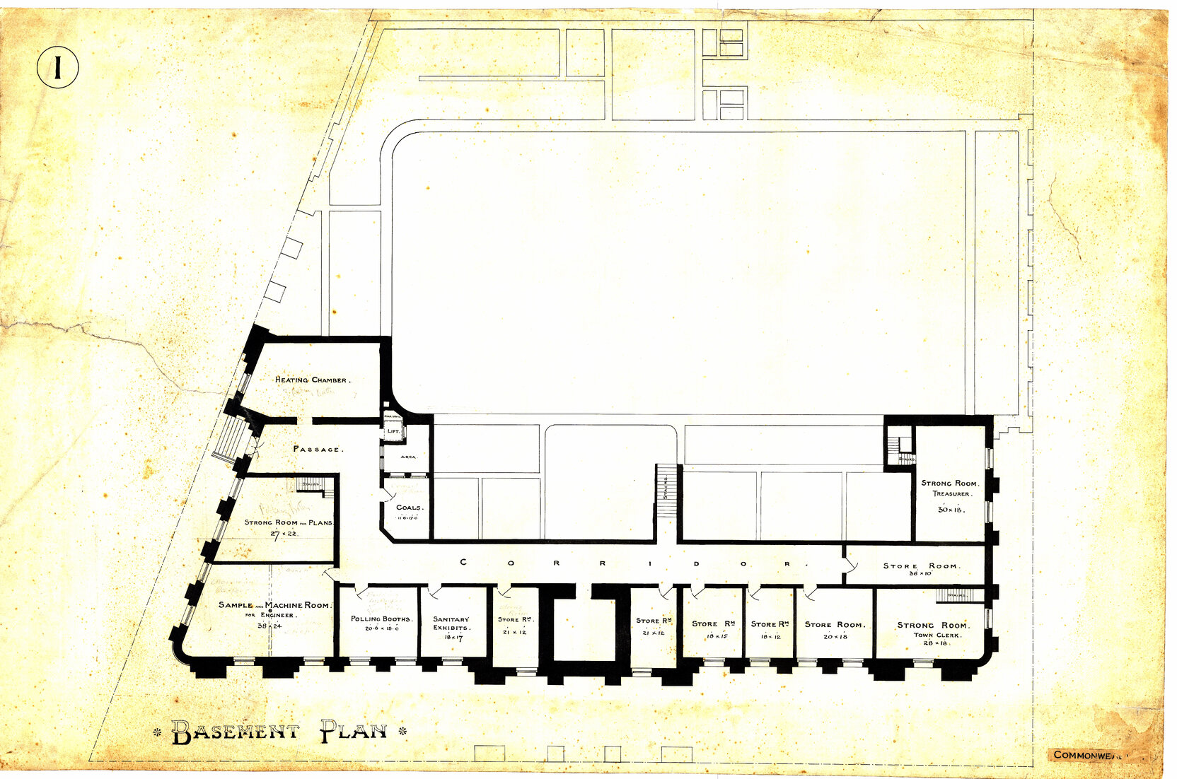 Wellington Town Hall and Municipal Offices Design Competition, winning design, basement plan
