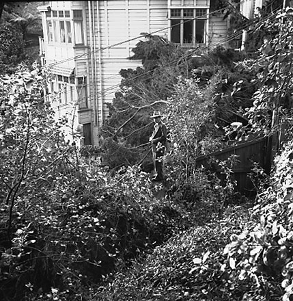 f. Views of wooden dwellings, pathways, bank covered in scub