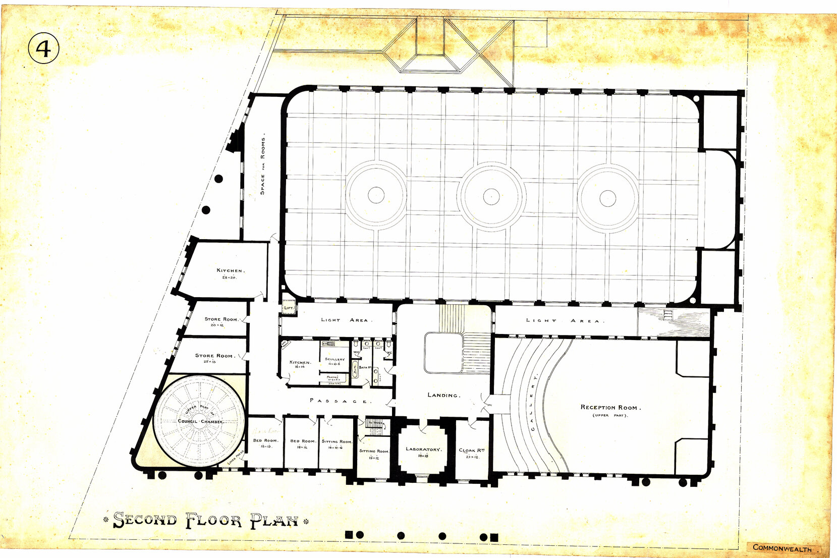 Wellington Town Hall and Municipal Offices Design Competition, winning design, second floor plan