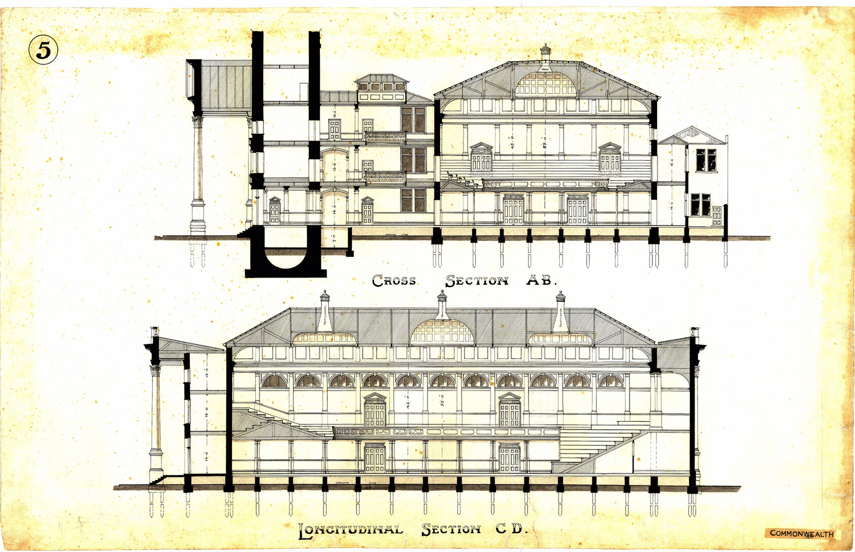 Wellington Town Hall and Municipal Offices Design Competition, winning design, cross section, longitudinal section