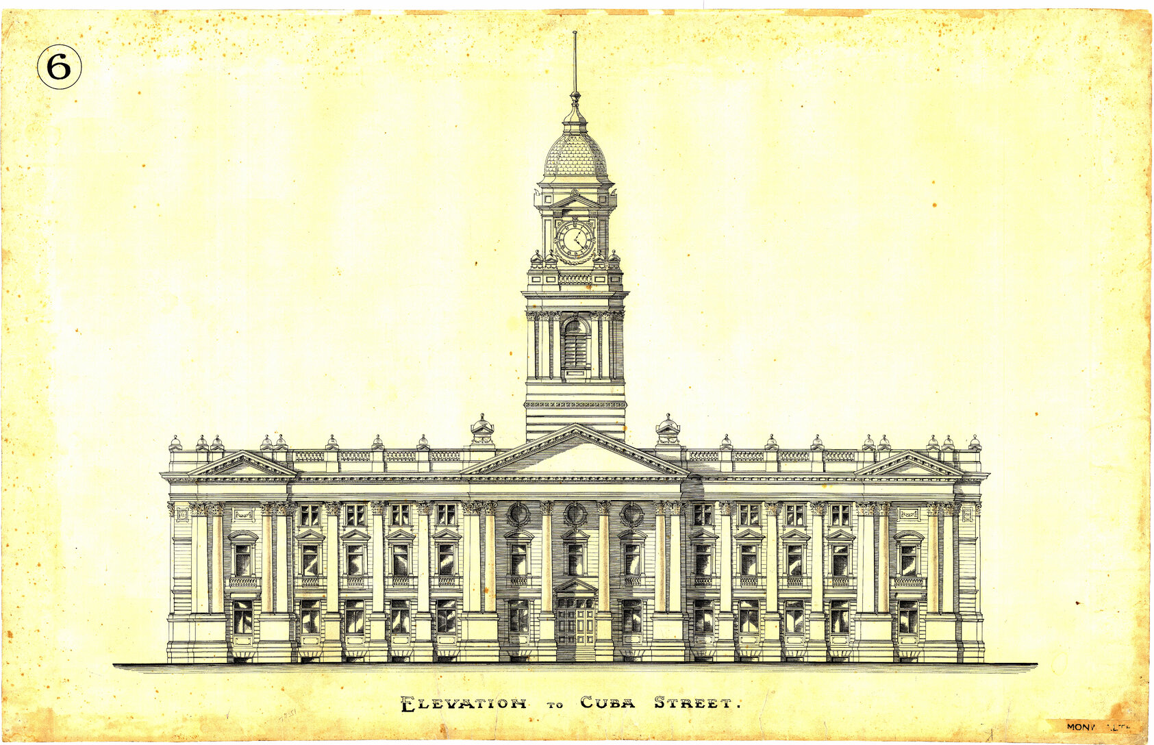 Wellington Town Hall and Municipal Offices Design Competition, winning design, Cuba Street elevation