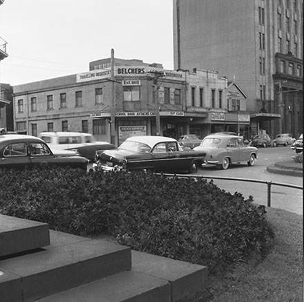 b. Elevated views of the north end of Cambridge and Kent Terrace, taxi stands, Embassy Theatre, motor vehicles, billboard for 'Mobil Oil'