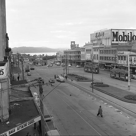 c. Elevated views of the north end of Cambridge and Kent Terrace, taxi stands, Embassy Theatre, motor vehicles, billboard for 'Mobil Oil'