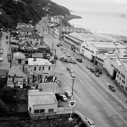 g. Views of the commercial / industrial area around the Hutt Road and Kaiwharawhara Road intersection. Warehouses, dwellings, BP Service Station, motor vehicles, Kaiwarra Wool Store, Wm Cable Ltd