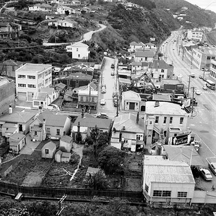 h. Views of the commercial / industrial area around the Hutt Road and Kaiwharawhara Road intersection. Warehouses, dwellings, BP Service Station, motor vehicles, Kaiwarra Wool Store, Wm Cable Ltd