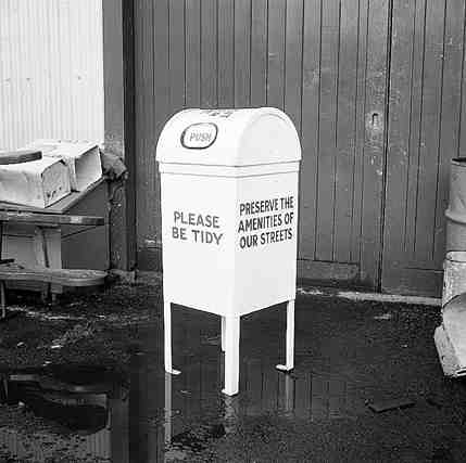 j. ' Please be Tidy, Preserve the Amenities of our Streets, ' Council rubbish bin