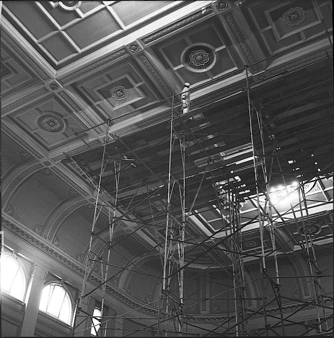 e. Town Hall, Painting interior and showing scaffolding